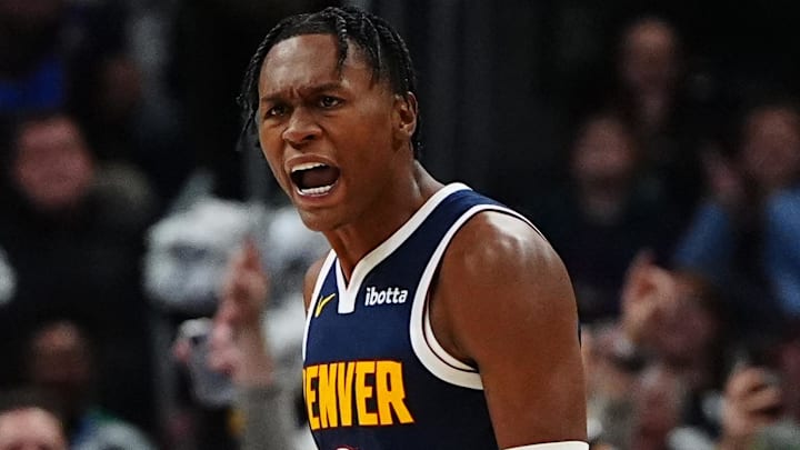 Nov 6, 2024; Denver, Colorado, USA; Denver Nuggets forward Peyton Watson (8) reacts in the fourth quarter against the Oklahoma City Thunder at Ball Arena. Mandatory Credit: Ron Chenoy-Imagn Images Nov 6, 2024; Denver, Colorado, USA; Denver Nuggets forward Peyton Watson (8) reacts in the fourth quarter against the Oklahoma City Thunder at Ball Arena. Mandatory Credit: Ron Chenoy-Imagn Images