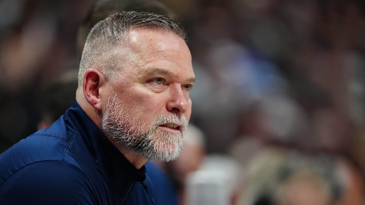 Apr 6, 2025; Denver, Colorado, USA; Denver Nuggets coach Michael Malone during the second quarter against the Indiana Pacers at Ball Arena. Apr 6, 2025; Denver, Colorado, USA; Denver Nuggets coach Michael Malone during the second quarter against the Indiana Pacers at Ball Arena.