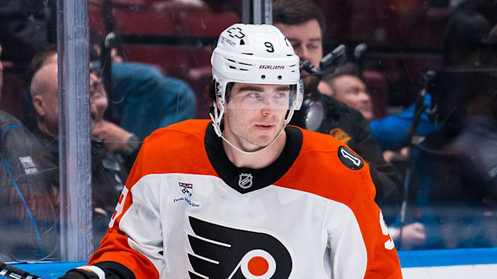 Dec 30, 2025; Vancouver, British Columbia, CAN; Philadelphia Flyers defenseman Jamie Drysdale (9) skates against the Vancouver Canucks in the second period at Rogers Arena. Mandatory Credit: Bob Frid-Imagn Images