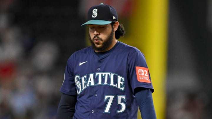 Seattle Mariners relief pitcher Andres Munoz (75) pitches during the game between the Texas Rangers and the Seattle Mariners at Globe Life Field on June 28. Seattle Mariners relief pitcher Andres Munoz (75) pitches during the game between the Texas Rangers and the Seattle Mariners at Globe Life Field on June 28.