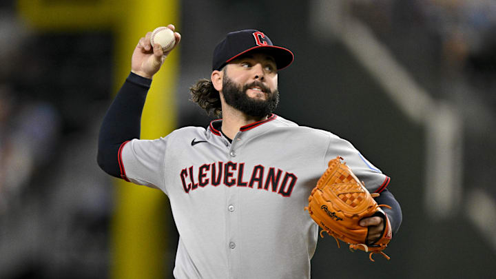 Cleveland Guardians relief pitcher Jakob Junis pitches against the Texas Rangers.