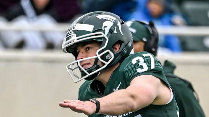 Michigan State's Liam Boyd kicks a field goal during the football Spring Showcase on Saturday, April 18, 2026, at Spartan Stadium in East Lansing.