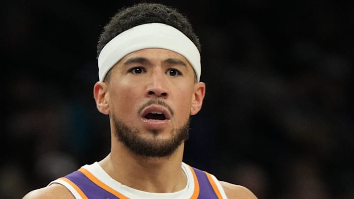 Feb 7, 2026; Phoenix, Arizona, USA; Phoenix Suns guard Devin Booker (1): Rick Scuteri-Imagn Images
