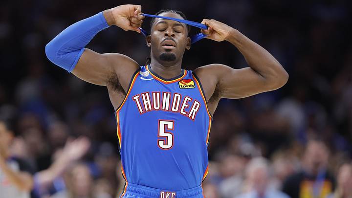 Oct 21, 2025; Oklahoma City, Oklahoma, USA; Oklahoma City Thunder guard Luguentz Dort reacts after a play against the Houston Rockets during the second half at Paycom Center. Mandatory Credit: Alonzo Adams-Imagn Images Oct 21, 2025; Oklahoma City, Oklahoma, USA; Oklahoma City Thunder guard Luguentz Dort reacts after a play against the Houston Rockets during the second half at Paycom Center. Mandatory Credit: Alonzo Adams-Imagn Images