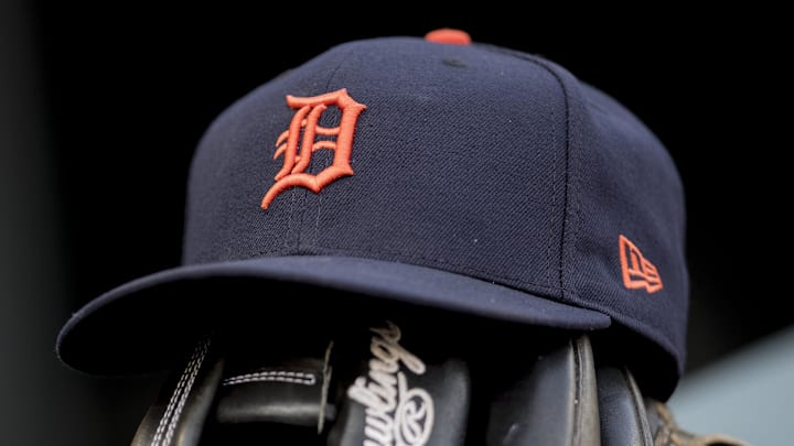 Apr 21, 2017; Minneapolis, MN, USA; A detailed view of a Detroit Tigers hat sitting on top of a glove in the dugout before a game between the Detroit Tigers and Minnesota Twins at Target Field.