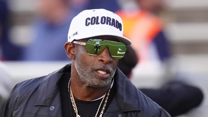 Nov 1, 2025; Boulder, Colorado, USA; Colorado Buffaloes head coach Deion Sanders before the game against the Arizona Wildcats at Folsom Field. Mandatory Credit: Ron Chenoy-Imagn Images