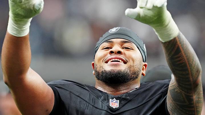 Oct 12, 2025; Paradise, Nevada, USA; Las Vegas Raiders defensive tackle Jonah Laulu (96) reacts after the game against the Tennessee Titans at Allegiant Stadium. Mandatory Credit: Stephen R. Sylvanie-Imagn Images Oct 12, 2025; Paradise, Nevada, USA; Las Vegas Raiders defensive tackle Jonah Laulu (96) reacts after the game against the Tennessee Titans at Allegiant Stadium. Mandatory Credit: Stephen R. Sylvanie-Imagn Images