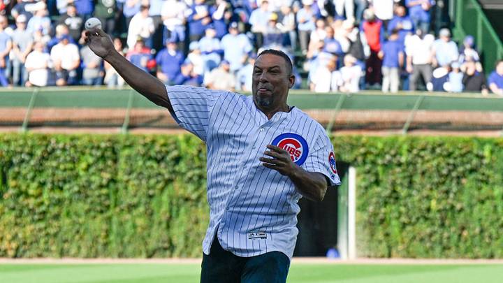 Oct 8, 2025; Chicago, Illinois, USA; Former player Carlos Zambrano throws out a ceremonial pitch prior to game three of the NLDS round between the Chicago Cubs and the Milwaukee Brewers for the 2025 MLB playoffs at Wrigley Field. Mandatory Credit: Matt Marton-Imagn Images