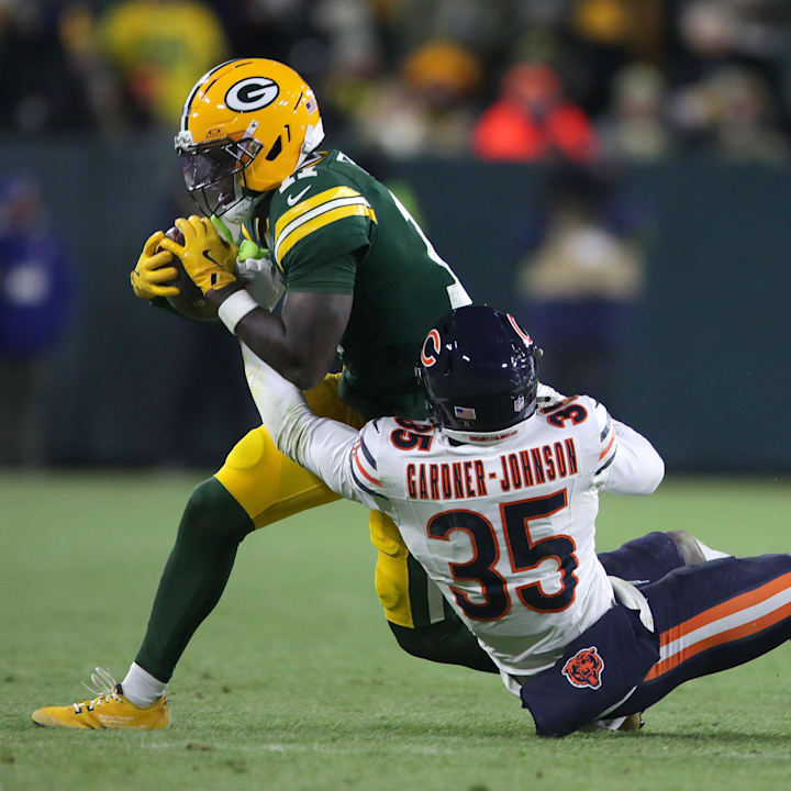 Green Bay Packers Green Bay Packers receiver Jayden Reed catches a pass against Chicago Bears safety C.J. Gardner-Johnson.
