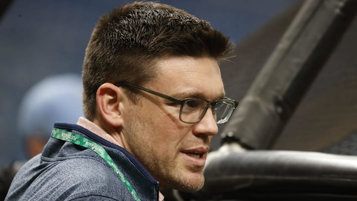 Oct 6, 2021; Tampa, Florida, USA; Tampa Bay Rays president Erik Neander during the ALDS workout day against the Boston Red Sox at Tropicana Field. 