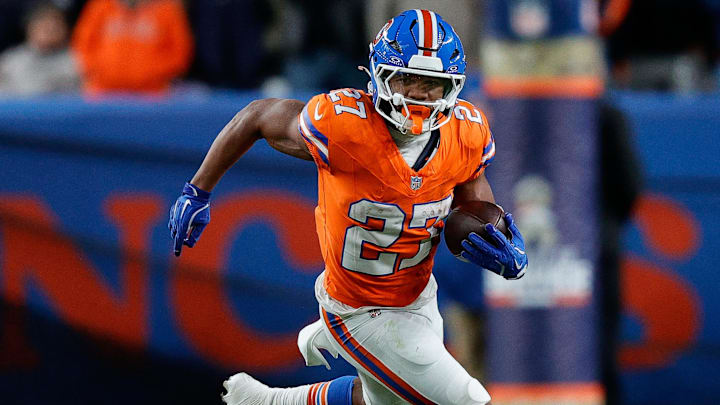Nov 6, 2025; Denver, Colorado, USA; Denver Broncos running back J.K. Dobbins (27) runs the ball in the fourth quarter against the Las Vegas Raiders at Empower Field at Mile High. Mandatory Credit: Isaiah J. Downing-Imagn Images Nov 6, 2025; Denver, Colorado, USA; Denver Broncos running back J.K. Dobbins (27) runs the ball in the fourth quarter against the Las Vegas Raiders at Empower Field at Mile High. Mandatory Credit: Isaiah J. Downing-Imagn Images