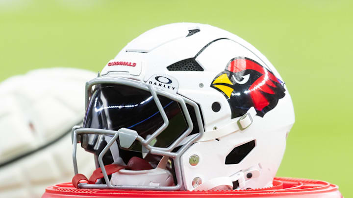 Aug 2, 2025; Glendale, AZ, USA; Detailed view of an Arizona Cardinals helmet during the Red and White practice in training camp at State Farm Stadium. Mandatory Credit: Mark J. Rebilas-Imagn Images Aug 2, 2025; Glendale, AZ, USA; Detailed view of an Arizona Cardinals helmet during the Red and White practice in training camp at State Farm Stadium. Mandatory Credit: Mark J. Rebilas-Imagn Images