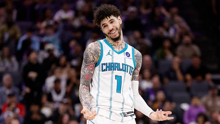 Mar 11, 2026; Sacramento, California, USA; Charlotte Hornets guard LaMelo Ball (1) smiles and gestures after scoring a three point basket against the Sacramento King during the fourth quarter at Golden 1 Center. Mandatory Credit: Kelley L Cox-Imagn Images
