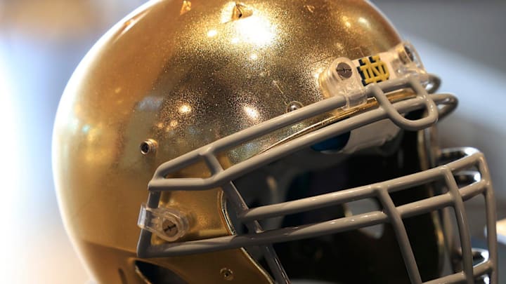 A Notre Dame Fighting Irish football helmet is shown during a media press conference Thursday, Dec.