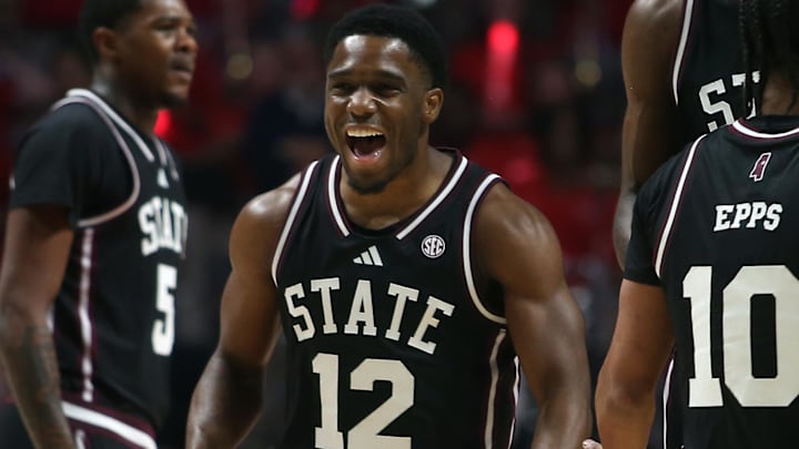 Mississippi State Bulldogs guard Josh Hubbard (12) reacts with guard Jayden Epps (10) during the first half against the Mississippi Rebels at The Sandy and John Black Pavilion at Ole Miss. Mississippi State Bulldogs guard Josh Hubbard (12) reacts with guard Jayden Epps (10) during the first half against the Mississippi Rebels at The Sandy and John Black Pavilion at Ole Miss.