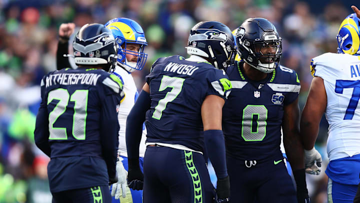 Jan 25, 2026; Seattle, WA, USA; Seattle Seahawks defensive end DeMarcus Lawrence (0) reacts after a play against the Los Angeles Rams during the first half in the 2026 NFC Championship Game at Lumen Field. Jan 25, 2026; Seattle, WA, USA; Seattle Seahawks defensive end DeMarcus Lawrence (0) reacts after a play against the Los Angeles Rams during the first half in the 2026 NFC Championship Game at Lumen Field.