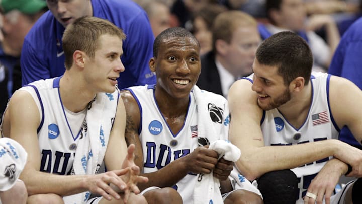 Mar 19, 2010; Jacksonville, FL, USA; Duke Blue Devils guard Jon Scheyer (30), guard Nolan Smith (2) and center Brian Zoubek (55) talk on the bench during the second half in the first round of the 2010 NCAA mens basketball tournament againts Arkansas-Pine Bluff Golden Lions at Jacksonville Veterans Memorial Arena. Duke won 77-44. Mandatory Credit: Kim Klement-Imagn Images Mar 19, 2010; Jacksonville, FL, USA; Duke Blue Devils guard Jon Scheyer (30), guard Nolan Smith (2) and center Brian Zoubek (55) talk on the bench during the second half in the first round of the 2010 NCAA mens basketball tournament againts Arkansas-Pine Bluff Golden Lions at Jacksonville Veterans Memorial Arena. Duke won 77-44. Mandatory Credit: Kim Klement-Imagn Images