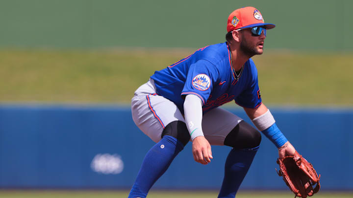Mar 5, 2026; West Palm Beach, Florida, USA; New York Mets third baseman Bo Bichette (19) defends his position against the Washington Nationals during the first inning at CACTI Park of the Palm Beaches. Mandatory Credit: Sam Navarro-Imagn Images