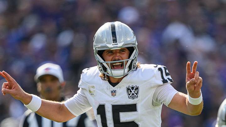 Sep 15, 2024; Baltimore, Maryland, USA; Las Vegas Raiders quarterback Gardner Minshew (15) calls a play at the line of scrimmage during the second half against the Baltimore Ravens at M&T Bank Stadium. Mandatory Credit: Reggie Hildred-Imagn Images