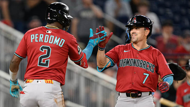 Apr 4, 2025; Washington, District of Columbia, USA; Arizona Diamondbacks outfielder Corbin Carroll (7) celebrates with shortstop Geraldo Perdomo (2) after hitting a home run during the fifth inning against the Washington Nationals at Nationals Park. Mandatory Credit: Reggie Hildred-Imagn Images Apr 4, 2025; Washington, District of Columbia, USA; Arizona Diamondbacks outfielder Corbin Carroll (7) celebrates with shortstop Geraldo Perdomo (2) after hitting a home run during the fifth inning against the Washington Nationals at Nationals Park. Mandatory Credit: Reggie Hildred-Imagn Images