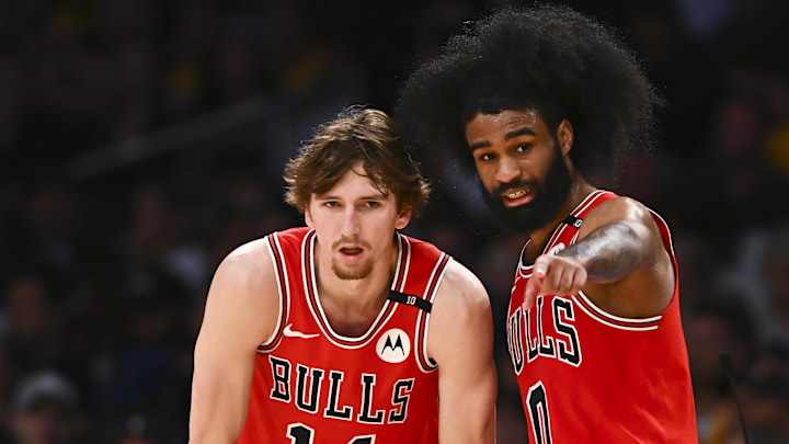 Mar 22, 2025; Los Angeles, California, USA; Chicago Bulls guard Coby White (0) points with Chicago Bulls forward Matas Buzelis (14) against the Los Angeles Lakers during the second half at Crypto.com Arena. Mandatory Credit: Jonathan Hui-Imagn Images Mar 22, 2025; Los Angeles, California, USA; Chicago Bulls guard Coby White (0) points with Chicago Bulls forward Matas Buzelis (14) against the Los Angeles Lakers during the second half at Crypto.com Arena. Mandatory Credit: Jonathan Hui-Imagn Images