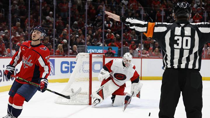Dec 11, 2025; Washington, District of Columbia, USA; Washington Capitals left wing Anthony Beauvillier (72) reacts after missing a shootout attempt against Carolina Hurricanes goaltender Brandon Bussi (32) at Capital One Arena. Mandatory Credit: Geoff Burke-Imagn Images