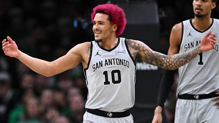 Jan 10, 2026; Boston, Massachusetts, USA; San Antonio Spurs forward Jeremy Sochan (10) reacts after being called for a foul during the first half of a game against the Boston Celtics at the TD Garden. Mandatory Credit: Brian Fluharty-Imagn Images