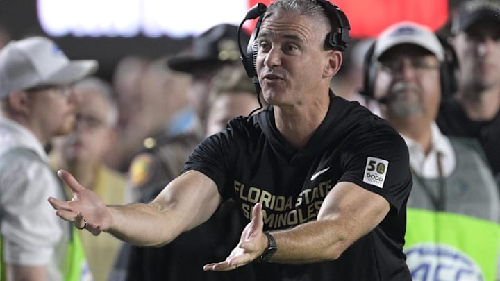 Oct 4, 2025; Tallahassee, Florida, USA; Florida State Seminoles head coach Mike Norvell during the first half against the Miami Hurricanes at Doak S. Campbell Stadium. Mandatory Credit: Melina Myers-Imagn Images