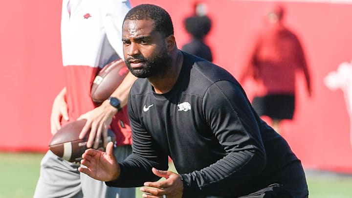 Arkansas Razorbacks cornerback coach Deron Wilson during fall practices on the outdoor fields in Fayetteville, Ark. Arkansas Razorbacks cornerback coach Deron Wilson during fall practices on the outdoor fields in Fayetteville, Ark.