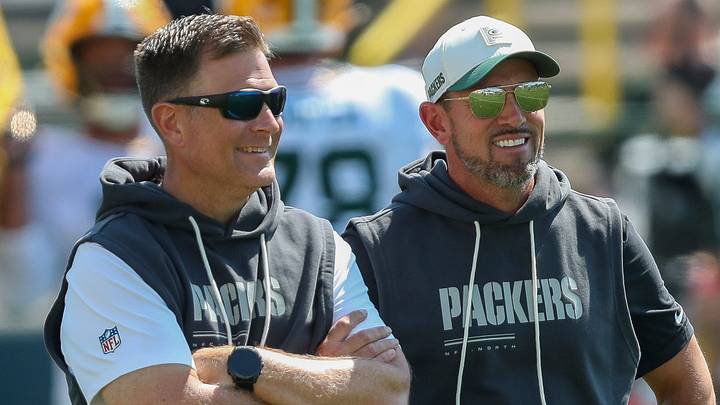 Green Bay Packers general manager Brian Gutekunst and head coach Matt LaFleur talk during practice. Green Bay Packers general manager Brian Gutekunst and head coach Matt LaFleur talk during practice.