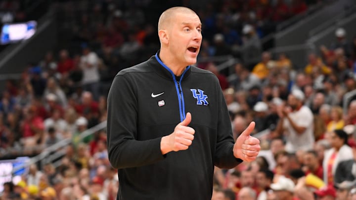 Mar 22, 2026; St. Louis, MO, USA; Kentucky Wildcats head coach Mark Pope reacts to a play during the first half against the Iowa State Cyclones during a second round game of the men's 2026 NCAA Tournament at Enterprise Center. Mandatory Credit: Jeff Curry-Imagn Images
