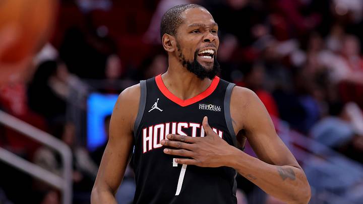 Jan 26, 2026; Houston, Texas, USA; Houston Rockets forward Kevin Durant (7) reacts after a foul call against the Memphis Grizzlies during the fourth quarter at Toyota Center. Mandatory Credit: Erik Williams-Imagn Images