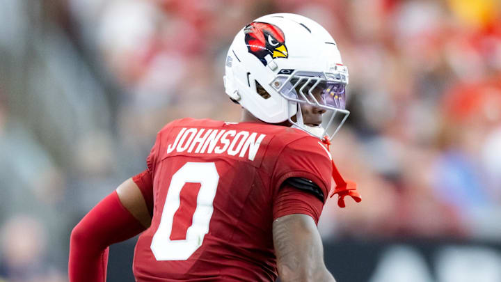 Aug 9, 2025; Glendale, Arizona, USA; Arizona Cardinals cornerback Will Johnson (0) against the Kansas City Chiefs during a preseason NFL game at State Farm Stadium. Mandatory Credit: Mark J. Rebilas-Imagn Images