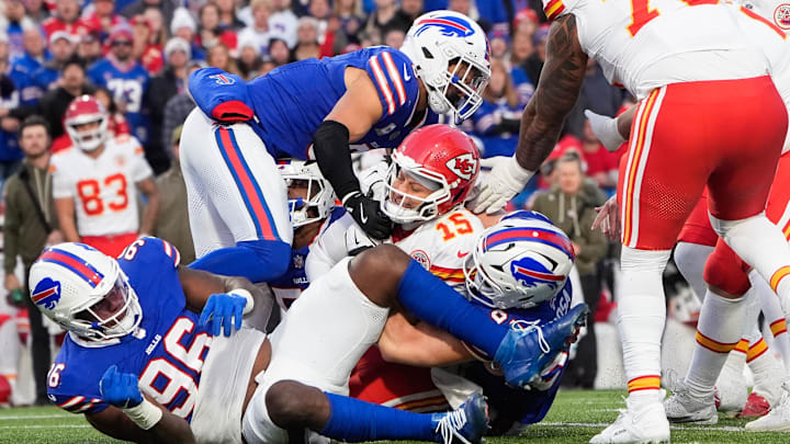 Kansas City Chiefs QB Patrick Mahomes is sacked by Buffalo Bills LB Terrel Bernard and DE Joey Bosa at Highmark Stadium. Kansas City Chiefs QB Patrick Mahomes is sacked by Buffalo Bills LB Terrel Bernard and DE Joey Bosa at Highmark Stadium.