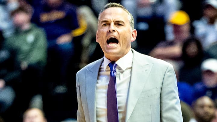 Dec 3, 2024; Baton Rouge, Louisiana, USA;  LSU Tigers head coach Matt McMahon reacts to a play against the Florida State Seminoles during the second half at Pete Maravich Assembly Center. Mandatory Credit: Stephen Lew-Imagn Images