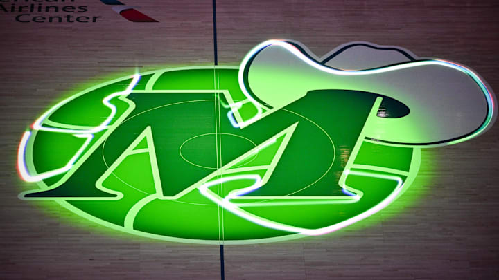 Oct 27, 2025; Dallas, Texas, USA; A view of the Dallas Mavericks logo at center court before the game between the Mavericks and the Oklahoma City Thunder at the American Airlines Center. Mandatory Credit: Jerome Miron-Imagn Images