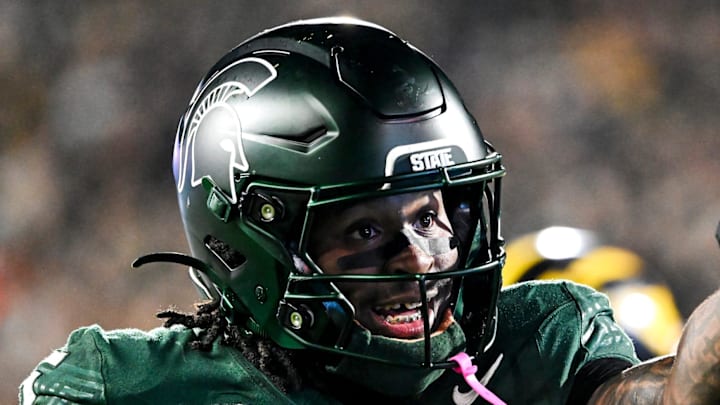 Michigan State's Makhi Frazier celebrates after a run against Michigan during the second quarter on Saturday, Oct. 25, 2025, at Spartan Stadium in East Lansing. Michigan State's Makhi Frazier celebrates after a run against Michigan during the second quarter on Saturday, Oct. 25, 2025, at Spartan Stadium in East Lansing.