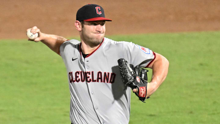 Sep 5, 2025; St. Petersburg, Florida, USA; Cleveland Guardians starting pitcher Gavin Williams (32) throws a pitch in the second inning against the Tampa Bay Rays  at George M. Steinbrenner Field. Mandatory Credit: Jonathan Dyer-Imagn Images