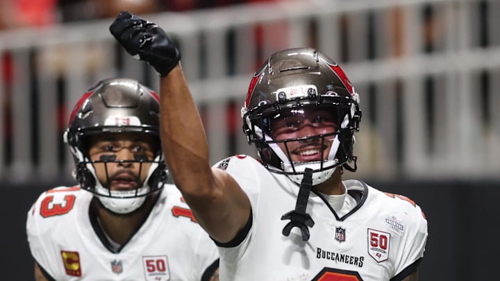 Tampa Bay Buccaneers wide receiver Emeka Egbuka reacts after scoring a touchdown against the Atlanta Falcons.
