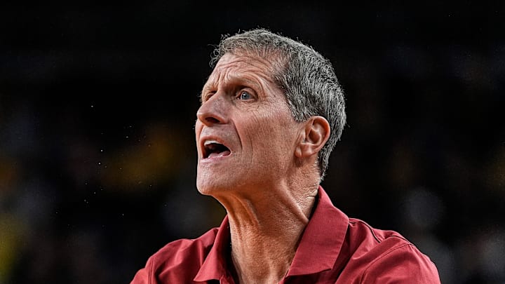 USC head coach Eric Musselman reacts to a play against Michigan during the first half at Crisler Center in Ann Arbor on Friday, Jan. 2, 2026.