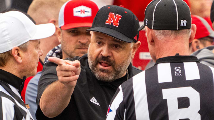 Nov 2, 2024; Lincoln, Nebraska, USA; Nebraska Cornhuskers head coach Matt Rhule talks with officials during the second quarter against the UCLA Bruins at Memorial Stadium. Mandatory Credit: Dylan Widger-Imagn Images