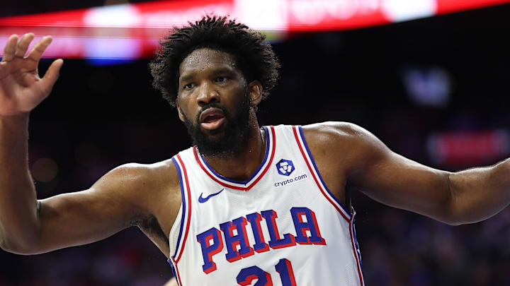 Oct 17, 2025; Philadelphia, Pennsylvania, USA; Philadelphia 76ers center Joel Embiid (21) defends against Minnesota Timberwolves guard Rob Dillingham (4) during the first quarter at Xfinity Mobile Arena. Mandatory Credit: Bill Streicher-Imagn Images Oct 17, 2025; Philadelphia, Pennsylvania, USA; Philadelphia 76ers center Joel Embiid (21) defends against Minnesota Timberwolves guard Rob Dillingham (4) during the first quarter at Xfinity Mobile Arena. Mandatory Credit: Bill Streicher-Imagn Images