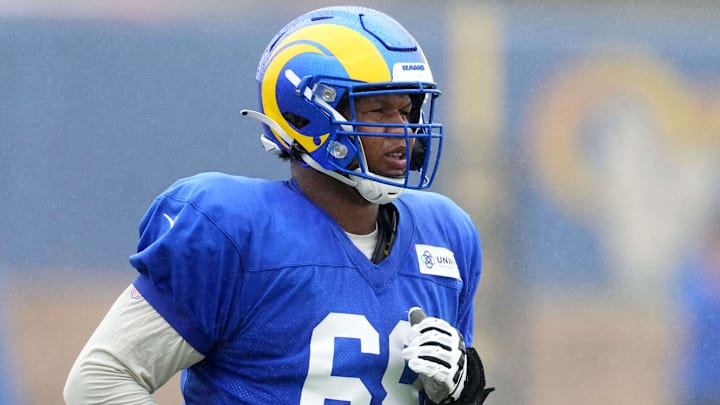 Aug 18, 2021; Thousand Oaks, CA, USA; Los Angeles Rams lineman Alaric Jackson aka A.J. Jackson (68) during a joint practice against the Las Vegas Raiders. Mandatory Credit: Kirby Lee-Imagn Images Aug 18, 2021; Thousand Oaks, CA, USA; Los Angeles Rams lineman Alaric Jackson aka A.J. Jackson (68) during a joint practice against the Las Vegas Raiders. Mandatory Credit: Kirby Lee-Imagn Images