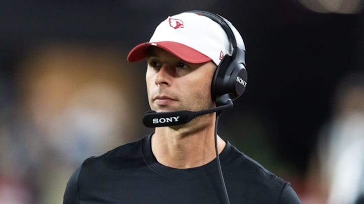 Aug 23, 2025; Glendale, Arizona, USA; Arizona Cardinals head coach Jonathan Gannon against the Las Vegas Raiders during a preseason NFL game at State Farm Stadium. Mandatory Credit: Mark J. Rebilas-Imagn Images