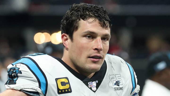 Dec 8, 2019; Atlanta, GA, USA; Carolina Panthers middle linebacker Luke Kuechly (59) reacts after a play in the fourth quarter against the Atlanta Falcons at Mercedes-Benz Stadium. Mandatory Credit: Jason Getz-Imagn Images Dec 8, 2019; Atlanta, GA, USA; Carolina Panthers middle linebacker Luke Kuechly (59) reacts after a play in the fourth quarter against the Atlanta Falcons at Mercedes-Benz Stadium. Mandatory Credit: Jason Getz-Imagn Images