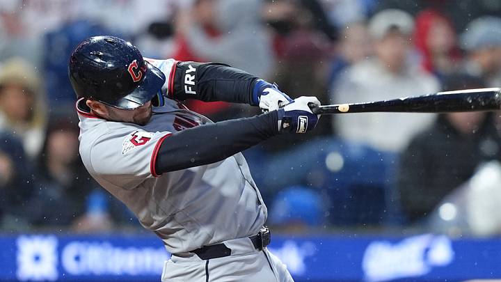 May 22, 2026; Philadelphia, Pennsylvania, USA; Cleveland Guardians catcher David Fry (6) hits a single against the Philadelphia Phillies in the seventh inning at Citizens Bank Park. Mandatory Credit: Kyle Ross-Imagn Images