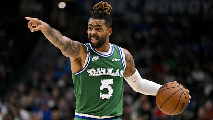 Oct 26, 2025; Dallas, Texas, USA; Dallas Mavericks guard D'Angelo Russell (5) brings the ball up court during the game between the Mavericks and the Raptors at the American Airlines Center. Mandatory Credit: Jerome Miron-Imagn Images