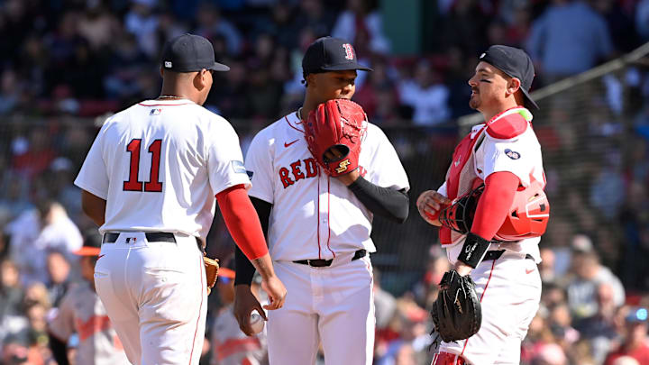 Apr 9, 2024; Boston, Massachusetts, USA; Boston Red Sox starting pitcher Brayan Bello (66) has a