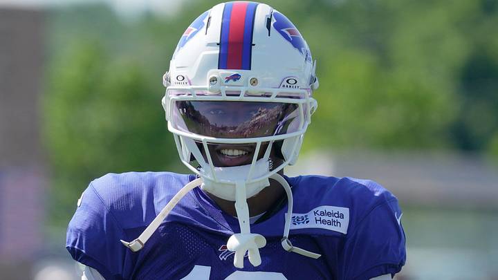 Bills Skyler Bell turns after catching a pass in after practice throws with teammates at Bills Training Camp at St. John Fisher University in Pittsford on Aug. 4, 2026.