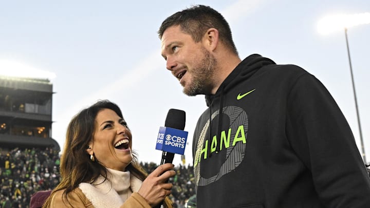 Nov 22, 2025; Eugene, Oregon, USA; Oregon Ducks head coach Dan Lanning talks to the media after the game against the Southern California Trojans at Autzen Stadium. Mandatory Credit: Troy Wayrynen-Imagn Images